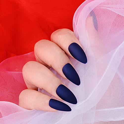 editTime 24PCS Solid Colors Stiletto False Nails Extra Long Acrylic Gradient Color Glossy Coffin Ballerina Press on Nails French Fake Nails Tips(navy blue)