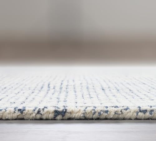 Image of Hand-Tufted 100% Wool Pile Area Rug - Geometric Textured Grid Check Pattern - Thick and Durable Floor Carpet for Bedroom, Living Room, Kids Room, and Dining Area (Indigo Blue, 8' x 10')