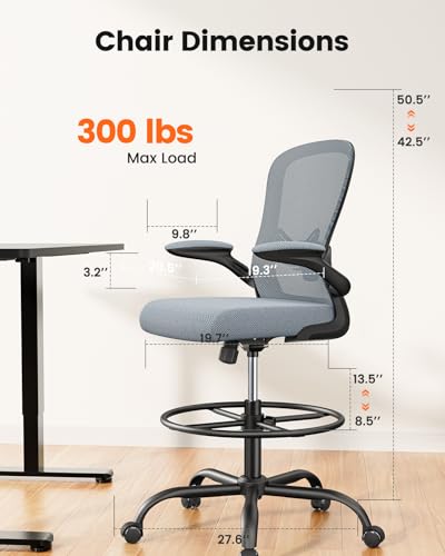 Image of ErGear Drafting Chair,Tall Office Chair with Flip-Up Armrests, High Desk Chair Adjustable Height and Adjustable Footrest Ring, Ergonomic Standing Desk Chair with Lumbar Support, Blue,6 Pack