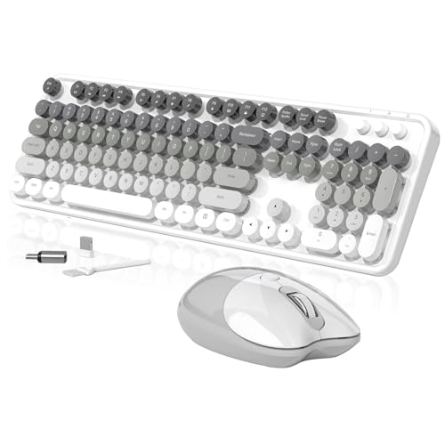 Creamy Wireless Keyboard and Mouse, MOFII 104 Round Keycaps Retro Typewriter with OTG & Brush, Full-Size Ergonomic, Ideal for Windows PC, Home, Office and College Gray White