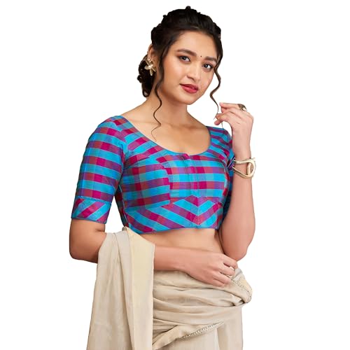 Image of SALWAR STUDIO Silk Woven Round Neck Checkered Elbow Length Blouse