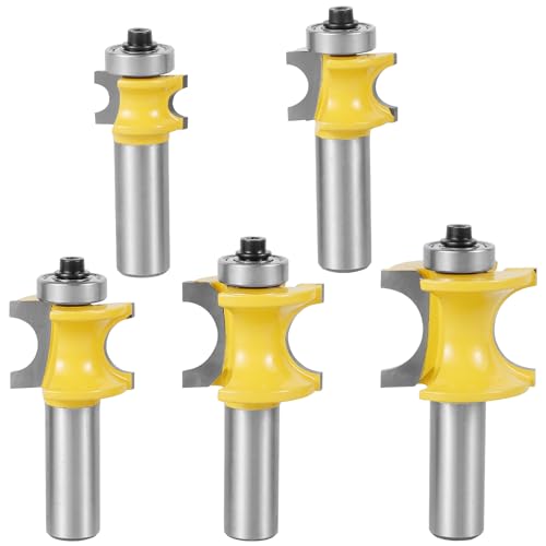 5Pcs 1/2 Inch Shank Bullnose Router Bit Set Carbide Radius Half Round Bearing Router Bit Sturdy Edge Cutting Bit Woodworking Milling Cutter Tool for Solid Wood Plywood(5pcs,yellow)