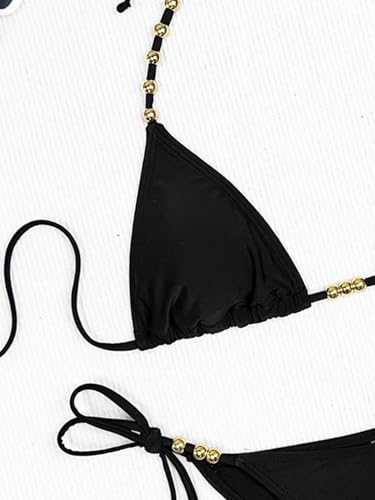 Image of Tainehs Women's Sexy Halter Thong Bikini Tie Two Sides Bottom Color Block SwimsuitsTriangle Bathing Suit