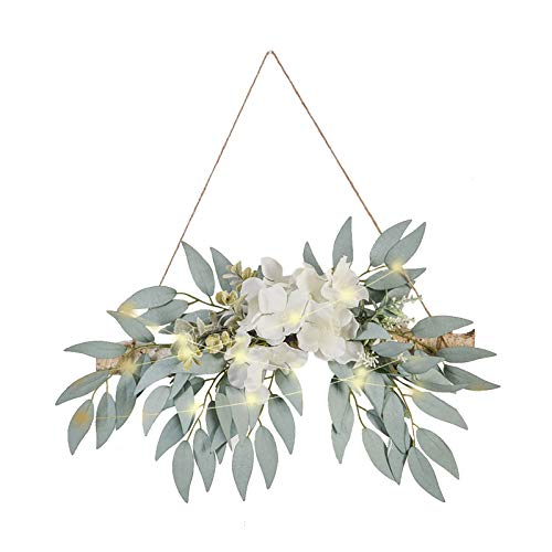 Artificial Hydrangea Swag,Handmade Floral Swag Garland Wall Decor with White Hydrangea Flowers and Willow Leaves Decorative Log Branch Hanging Hoop for Wall Window Bohemian,11.8