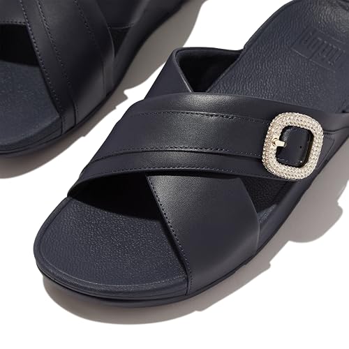 Image of FitFlop Lulu Crystal-Buckle Leather Cross Slides