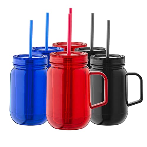 Plastic Mason Jars with Lids and Straws (Pack of 6) - 25oz Double Wall Insulated Mason Tumbler with Straw, Lid and Handle - Wide Mouth Mason Jar Mugs - Assorted