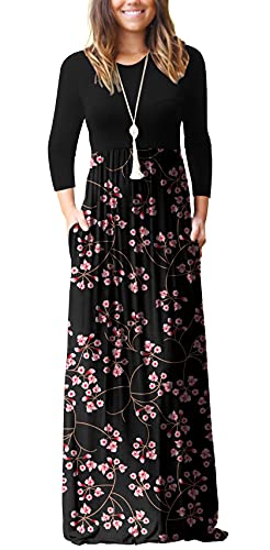 GRECERELLE Women's Long Sleeve Loose Plain Floral Print Maxi Dresses Casual Long Dresses Pockets Mantian March Red-Medium