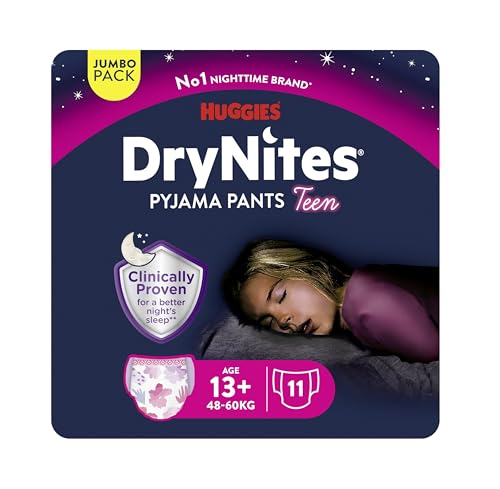 Huggies DryNites Pañales de Noche para Niña 13+ (48-60 kg), Clínicamente Probado con 5 Capas de Máxima Protección Nocturna, 11 Bragas Absorbentes