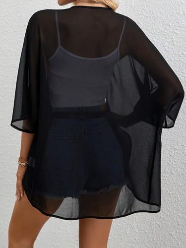 Image of Womens Kimonos Chiffon Cardigan Sheer Beach Cover Up for Women, 3 /4 Sleeve Tops Summer Vacation Outfits for Women