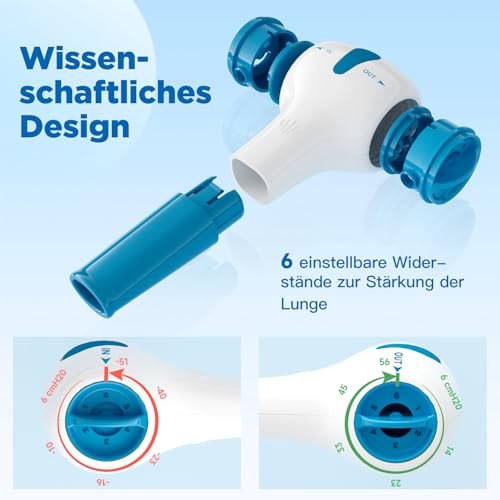 Lungentrainer mit APP, Atemtrainer für Lunge mit elektrischem Manometer & Testmundstück & Reiseetui | Lungen-Trainingsgerät für bessere Lunge | 6 Widerstandsstufen | Mobile Trainings-App inklusive