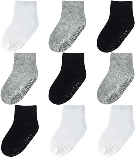 Image of Baby Mid-Crew Socks with Grips (9 Pairs) for 0-7 Years Old Toddler Boy Girl Kids
