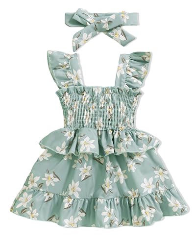 Baby Girl Dress Toddler Clothes Infant Outfits Summer Ruffle Sleeve Playwear Sundress Smock Beach Boho Dresses+Headband