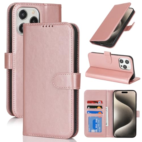 Image of for iPhone 15 Pro Max Case Wallet with Card Holder,for iPhone 15 Pro Max Wallet Case for Women Men,PU Leather Shockproof Magnetic Buckle Stand Flip Phone Case-Rose Gold