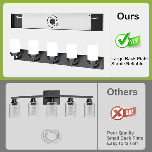 Image of Bathroom Light Fixtures, Matte Black Bathroom Lighting Fixtures Over Mirror, Modern Vanity Light with White Glass Shade, Restroom Lighting Fixtures, 5-Light 36-inch