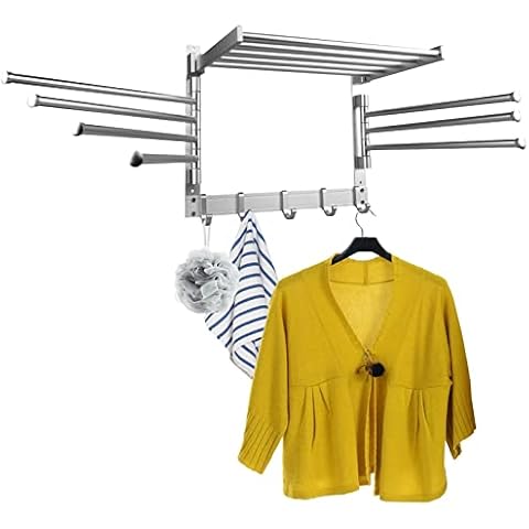 Laundry Clothes Drying Rack, Foldable Wall Mounted Drying Rack, Swivel Towel Rack with 5 Coat Hooks & 7 Swing Arms, Space Aluminum Drying Rack for Laundry Room Organization and Bathroom (Silver 7rods) Cover