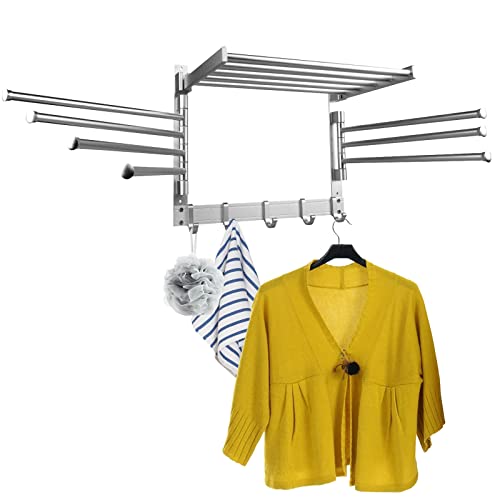 Laundry Clothes Drying Rack, Foldable Wall Mounted Drying Rack, Swivel Towel Rack With 5 Coat Hooks & 7 Swing Arms, Space Aluminum Drying Rack For Laundry Room Organization And Bathroom (Silver 7Rods) #TOP23