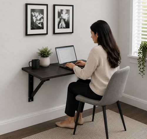 Image of Kawachi Laptop Folding Shelf /Study Table /Work Table, Wall Mounted Collapsible Shelf Bracket, 80 x 40 cm Oak Brown