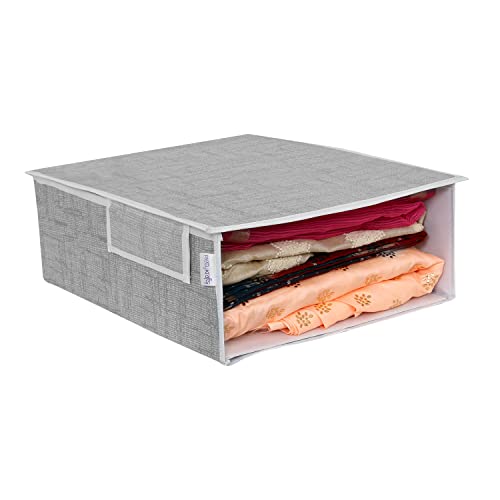 Image of PRETTY KRAFTS Stackable Fabric Saree Storage Organizer for wardrobe, Clear front window with Lid, Stackable organizers, Perfect to organize sarees in a wardrobe, Set of 1, JuteGrey