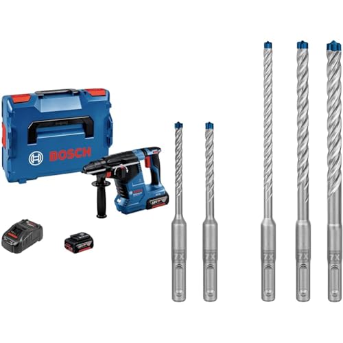 Bosch Professional 18V System Akku Bohrhammer GBH 18V-24 C (mit SDS plus, inkl. 2x 5.0Ah Akku, Ladegerät GAL 1880 CV, L-BOXX) + 5x Expert SDS plus-7X Hammerbohrer Set (für Stahlbeton, Ø 5-10 mm)