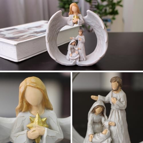 Ouwealy Guardian Angel Nativity Scene Figurine 4 Inch Holy Family with Guardian Angel Holding Golden Star, Jesus in Manger White Resin Statue for Christian Home Decor, Shelf & Desk Display — view 3