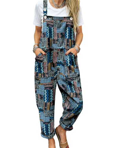 Image of YESNO Women's Overalls Cotton Boho Casual Floral Bib Jumpsuit Baggy Adjustable Strap Romper with Pockets PVV