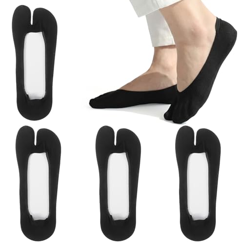 Mabor 4 Pairs Tabi Socks Women, No Show Flip Flop Socks, Non Slip Split Toe Sock Low Cut for Loafers Sandals, Toes Separated Sock for Flip-Flop and Geta, Black