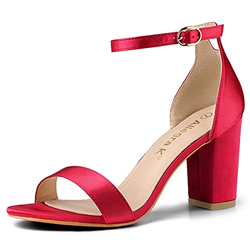 Allegra K Women's Satin Ankle Strap Chunky Heels Red Sandals - 8 M US