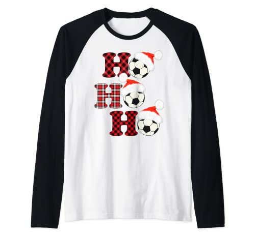 Fútbol de Navidad Gorro de Papá Noel Cuadros rojos Camiseta Manga Raglan