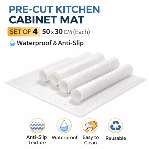 Image of DecorTwist Pre-Cut EVA Shelf Liner Mat Set of 4 (50x30 cm) Waterproof Anti-Slip Cabinet Drawer Mat for Kitchen, Fridge & Wardrobe | BPA Free Washable Reusable White