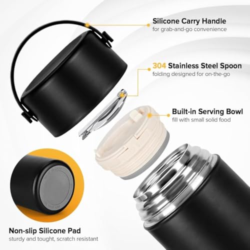Image of 500ml Insulated Soup Container with Folding Spoon & Carry Handle | Leak-Proof Stainless Steel Food Jar | Keeps Food Hot 6 Hrs & Cold 10 Hrs | BPA-Free, Wide Mouth, Travel Lunch Box (Black)