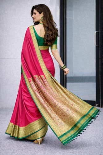 Image of Women's Glory Banarasi Satin Silk Saree with Rich Zari Woven Border & Pallu | Soft Glossy Party Fancy Traditional Saree for Wedding, Festive, Function | Blouse Piece Included