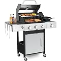 39,000 BTU 3+1 Burner Propane Gas Grill with Cast Iron Grids & Side Burner, Double-Wall Stainless Steel Lid – Even Heat, Easy Clean, Perfect for Backyard BBQ