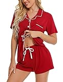 SWOMOG Womens Button Down Pajamas Set Short Sleeve Sleepwear Bride Soft Pj Lounge Sets XS-3XL Red Large