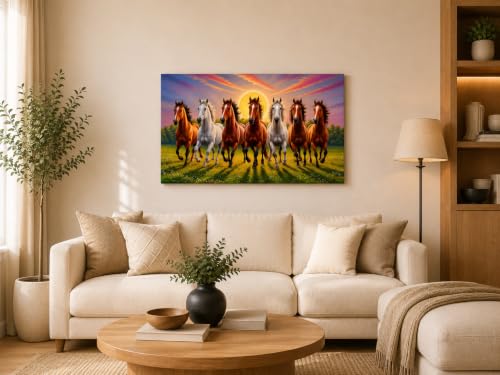 Image of 7 Horse Vastu Sunrise Canvas Painting | Positive Energy Wall Decor | Big Size Premium Running Horses Artwork for Home, Office & Hall Decoration (Modern, Brown Horse, 26x18 Inch)