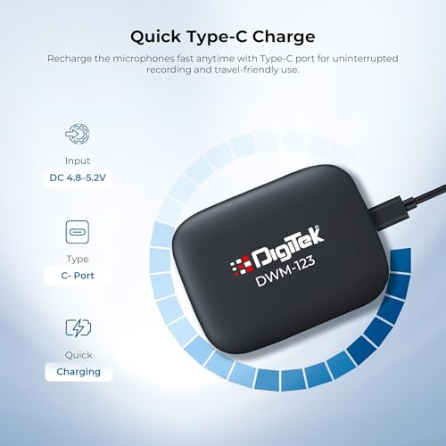 Image of Digitek (DWM 123 2-in-1 Wireless Microphone System with Charging Case & Magnetic Collar Clip, Type-C Port for iOS, Smartphones, 60m Range, Build in Microphone, for Creators and Vloggers (Black - 2)