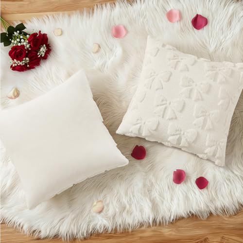 Image of decorUhome Cream White Bow Pillow Covers Set of 2 Coquette Aesthetic Cute Preppy Plush Faux Pillowcases for Girly Bedroom or Couch 18x18 Inch
