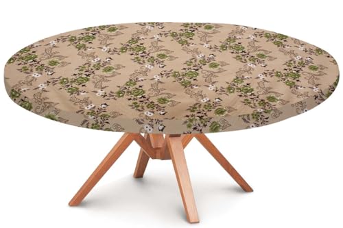 Image of The Furnishing Tree Round Elastic Fitted Dining Table Cover WxL 40x40 Inches Floral Pattern Beige