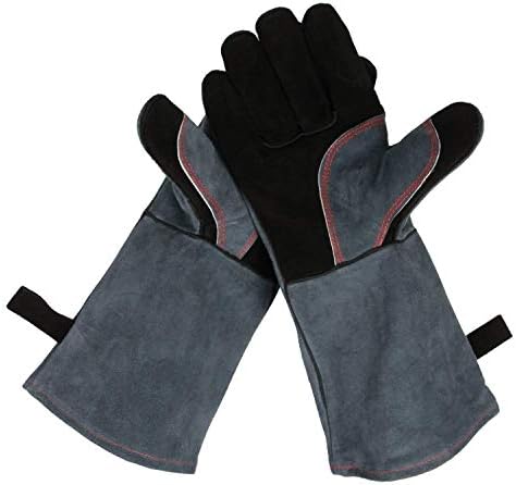 OZERO 932℉ Grill BBQ Gloves 16-inch Heat Resistant Leather Forge Welding Glove with Flame Retardant Long Sleeve and Insulated Lining for Men and Women Black-gray
