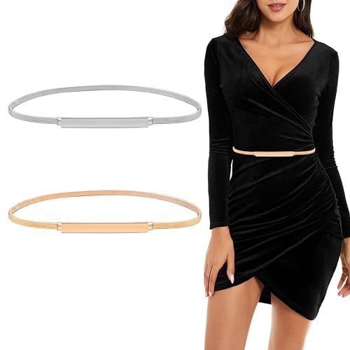 2PCS Women Skinny Metal Chain Waist Belt Fashion Dress Belts, Metal Stretch Waist Skinny Belt Waistband for skirts(Gold, Silver)