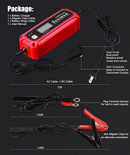 Suuwer Smart Battery Charger 2.0A/ 5.0A For 6V&12V Lead-Acid & Lithium (Lifepo4) Motorcycles Cars Rvs Atvs And More. With Lcd Display, Ip65 Water-Proof #TOP5
