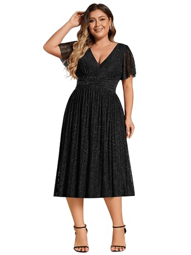 Image of Ever-Pretty Plus Women's V Neck Short Sleeves A Line Glitter Midi Plus Size Formal Wedding Guest Dresses