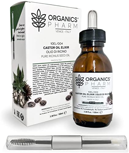 Aceite de ricino Elixir Organics Pharm | Prensado en frío 100% puro orgánico | Botella de 100 ml con doble cepillo para pestañas y cejas