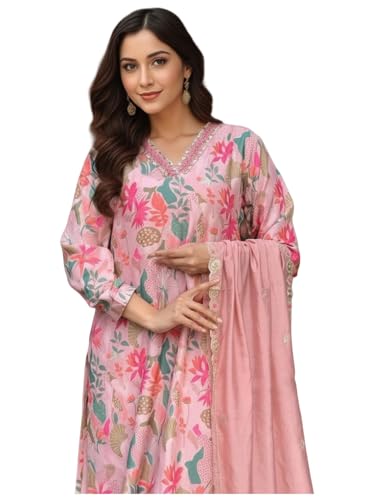 Image of GoSriKi Women's Rayon Viscose Printed Straight Kurta with Pant & Dupatta | Elegant Three Piece Kurti Set | Soft Comfortable Fabric | Stylish Ethnic Outfit for Office Festive
