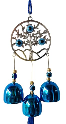 Image of Nazar Battu for Home Entrance Evil Eye Hanging for Home Lucky Big 3 Bells with Circle Tree Showpieces for Good Luck and Prosperity At Office and Home, Blue