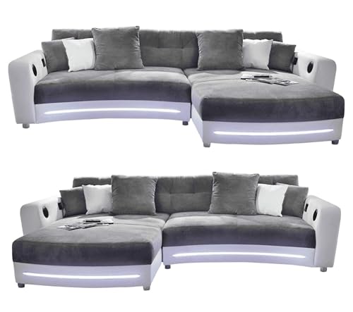 Multimedia Ecksofa B322/T190/H88 cm mit RGB-LED Beleuchtung, Soundsystem inkl. Bluetooth, USB, AUX-in, Couch spiegelverkehrt montierbar, Korpus in Kunstleder Weiß u. Bezug in Mikrofaser Grau / 15410