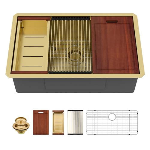 Sarlai - Fregadero de cocina de acero inoxidable dorado de 33 x 19 pulgadas, estación de trabajo de acero inoxidable calibre 16, cuenco profundo bajo encimera, rectangular