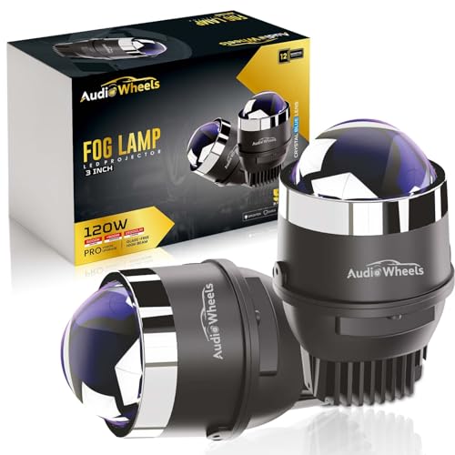 Image of Audio Wheels 3 Inch Universal LED Projector Fog Lamp - 120W, White-6000K (15000LM) with Blue Tint Film | 12V /24V Car Projector Fog Light for Vehicle Modification | 1-Year Warranty