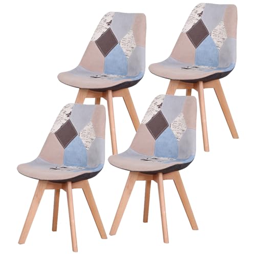GroBKau - Juego de 4 sillas de comedor de lino, patchwork escandinavas, 4 sillas de cocina, retro acolchadas, sillas de oficina, patas de madera de haya maciza, color rojo
