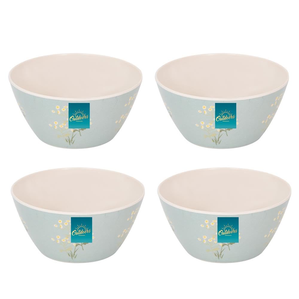YöL Set of 4 Daisy Print Melamine Bowls Summer Dining Outdoor Picnic BBQ Green Floral Trendy Tableware Snack Cereal Soup Reusable