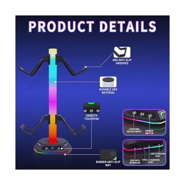 AriKroii Controller Stand with 9 RGB Lighting Modes,Headset and Controller stand with Type C Charging Cable,Gaming Controller Holder for Desk,Desk Accessories for Gamers - Image 6